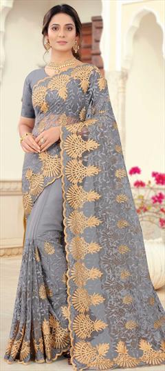 Festive, Party Wear, Reception Black and Grey color Saree in Net fabric with Classic Embroidered, Resham, Stone, Thread, Zari work : 1749941