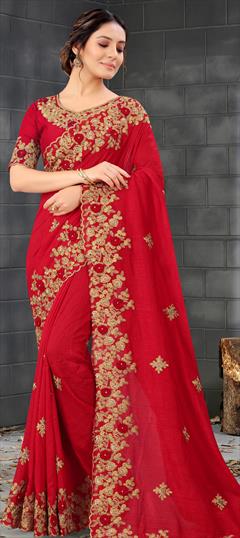 Traditional Red and Maroon color Saree in Art Silk, Silk fabric with South Embroidered, Thread, Zari work : 1749968