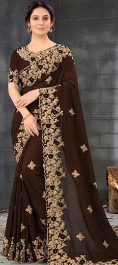Traditional Beige and Brown color Saree in Art Silk, Silk fabric with South Embroidered, Thread, Zari work : 1749973