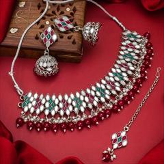 Red and Maroon color Necklace in Metal Alloy studded with Kundan & Gold Rodium Polish : 1750119