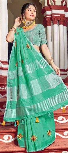 Traditional Green color Saree in Linen fabric with Bengali Floral, Printed, Weaving work : 1750165
