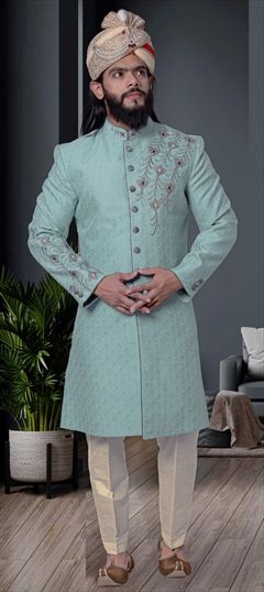 Blue color Sherwani in Jacquard fabric with Embroidered, Weaving work : 1750408