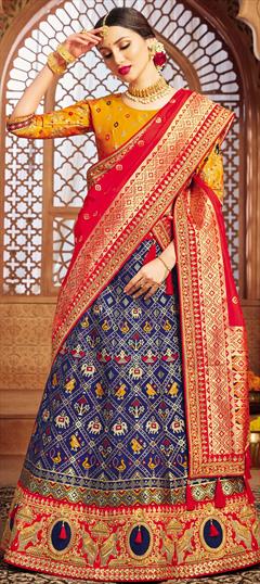 Engagement, Festive, Wedding Blue color Lehenga in Patola Silk fabric with A Line Border, Embroidered, Resham, Stone, Thread, Zari work : 1750555