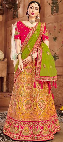 Engagement, Festive, Wedding Yellow color Lehenga in Banarasi Silk fabric with A Line Border, Embroidered, Resham, Stone, Thread, Zari work : 1750557