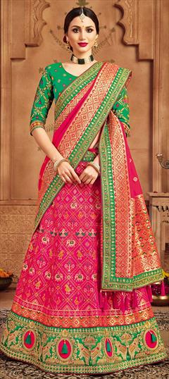 Engagement, Festive, Wedding Pink and Majenta color Lehenga in Patola Silk fabric with A Line Border, Embroidered, Resham, Stone, Thread, Zari work : 1750563