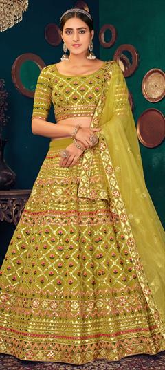 Bridal, Wedding Green color Lehenga in Georgette fabric with A Line Embroidered, Gota Patti, Thread work : 1750577