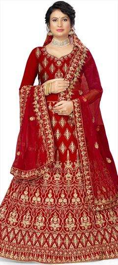 Engagement, Festive, Wedding Red and Maroon color Lehenga in Velvet fabric with A Line Embroidered, Stone, Thread, Zari work : 1750599