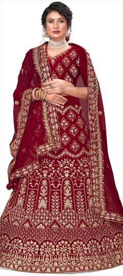 Engagement, Festive, Wedding Red and Maroon color Lehenga in Velvet fabric with A Line Embroidered, Stone, Thread, Zari work : 1750602