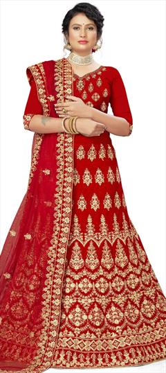 Engagement, Festive, Wedding Red and Maroon color Lehenga in Velvet fabric with A Line Embroidered, Stone, Thread, Zari work : 1750604