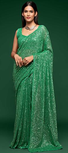 Festive, Party Wear Green color Saree in Georgette fabric with Classic Sequence, Thread work : 1750828