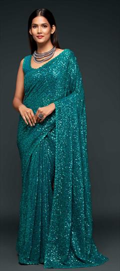 Festive, Party Wear Blue color Saree in Georgette fabric with Classic Sequence, Thread work : 1750829