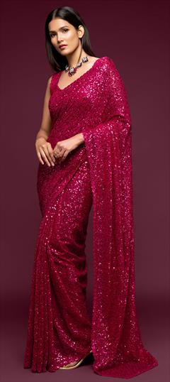 Festive, Party Wear Pink and Majenta color Saree in Georgette fabric with Classic Sequence, Thread work : 1750832