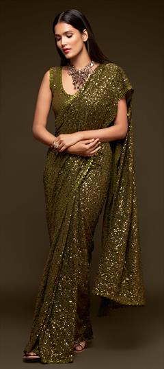 Designer, Festive, Party Wear Green color Saree in Georgette fabric with Classic Sequence, Thread work : 1750835