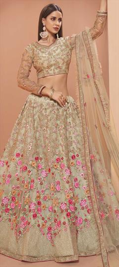 Festive, Wedding Green color Lehenga in Net fabric with A Line Embroidered, Sequence, Thread, Zari work : 1750947