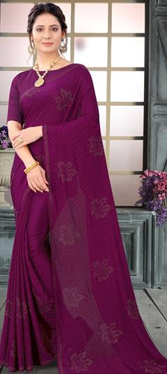Traditional, Wedding Pink and Majenta color Saree in Crepe Silk, Silk fabric with South Stone, Swarovski work : 1750971