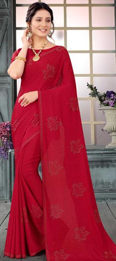 Traditional, Wedding Red and Maroon color Saree in Crepe Silk, Silk fabric with South Stone, Swarovski work : 1750976