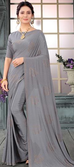 Traditional, Wedding Black and Grey color Saree in Crepe Silk, Silk fabric with South Stone, Swarovski work : 1750980