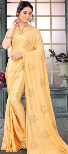 Traditional, Wedding Yellow color Saree in Crepe Silk, Silk fabric with South Stone, Swarovski work : 1750985