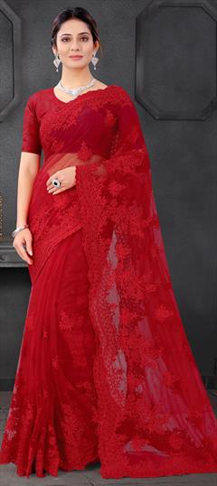 Festive, Party Wear Red and Maroon color Saree in Net fabric with Classic Embroidered, Moti, Resham, Stone, Thread work : 1750991
