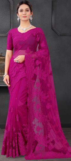 Festive, Party Wear Pink and Majenta color Saree in Net fabric with Classic Embroidered, Moti, Resham, Stone, Thread work : 1750993