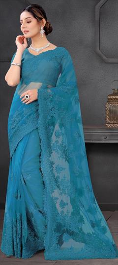 Festive, Party Wear Blue color Saree in Net fabric with Classic Embroidered, Moti, Resham, Stone, Thread work : 1750994