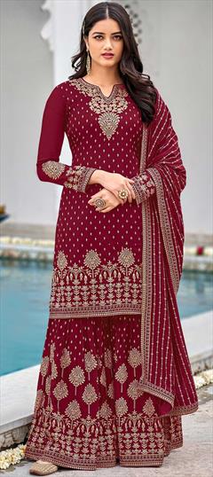 Festive, Party Wear Red and Maroon color Salwar Kameez in Faux Georgette fabric with Sharara Embroidered, Sequence, Thread work : 1751143
