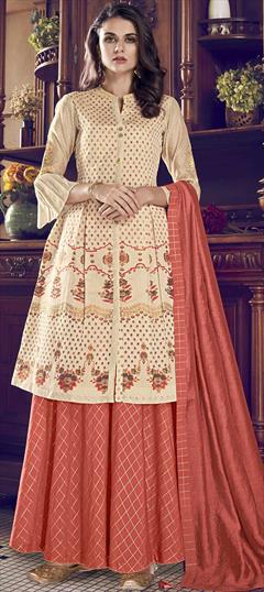 Party Wear Beige and Brown color Salwar Kameez in Art Silk, Silk fabric with A Line Printed work : 1751331