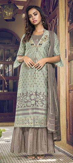 Party Wear Black and Grey, Green color Salwar Kameez in Art Silk, Silk fabric with Straight Thread, Zari work : 1751335