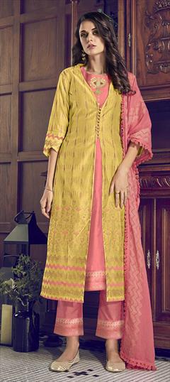 Party Wear Pink and Majenta, Yellow color Salwar Kameez in Art Silk, Silk fabric with Straight Embroidered, Thread, Zari work : 1751337