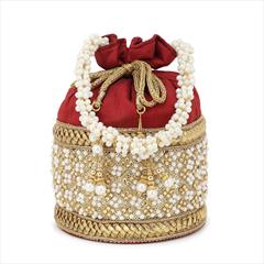 Red and Maroon color Potli in Jute fabric with Moti, Stone work : 1752251