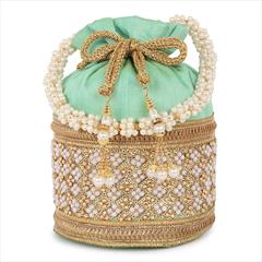 Green color Potli in Jute fabric with Moti, Stone work : 1752252