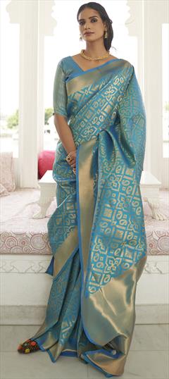 Traditional Blue color Saree in Handloom fabric with Bengali, South Weaving work : 1752379
