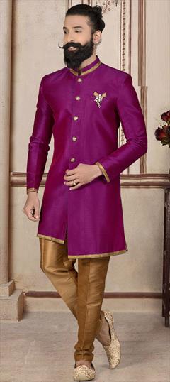 Purple and Violet color IndoWestern Dress in Silk fabric with Broches, Lace work : 1752425