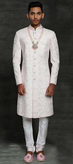 White and Off White color Sherwani in Silk fabric with Thread work : 1752832