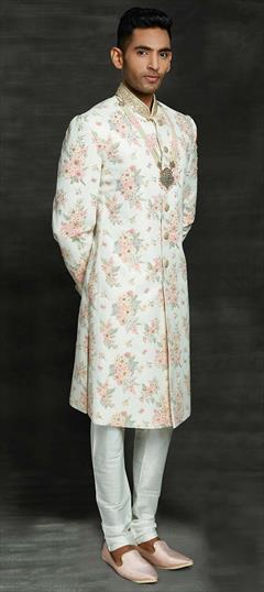 White and Off White color Sherwani in Silk fabric with Thread, Zari work : 1752834