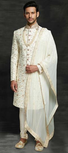White and Off White color Sherwani in Silk fabric with Thread, Zari work : 1752836