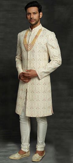 White and Off White color Sherwani in Cotton fabric with Thread work : 1752837