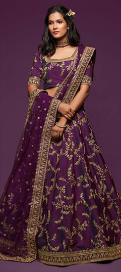 Engagement, Festive, Wedding Purple and Violet color Lehenga in Art Silk fabric with Flared Embroidered, Sequence, Thread, Zari work : 1752874