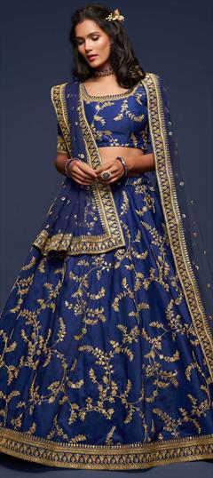 Engagement, Festive, Wedding Blue color Lehenga in Art Silk fabric with Flared Embroidered, Sequence, Thread, Zari work : 1752876