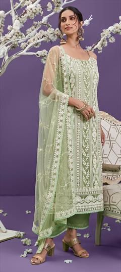 Festive, Party Wear Green color Salwar Kameez in Net fabric with Straight Embroidered, Sequence, Thread work : 1752891