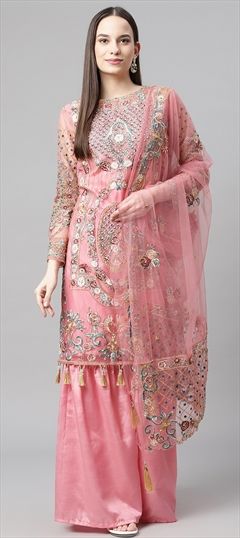 Festive, Party Wear Pink and Majenta color Salwar Kameez in Net fabric with Straight Bugle Beads, Embroidered, Resham, Zari work : 1752968