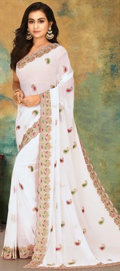 Traditional, Wedding White and Off White color Saree in Georgette fabric with Classic Bugle Beads, Cut Dana, Thread work : 1753039