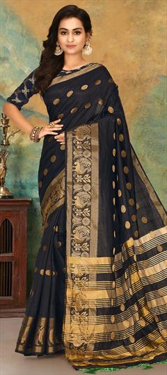 Traditional, Wedding Black and Grey color Saree in Kanchipuram Silk, Silk fabric with South Weaving work : 1753040