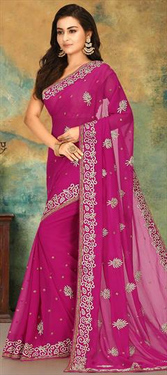 Traditional, Wedding Pink and Majenta color Saree in Georgette fabric with Classic Cut Dana, Stone work : 1753041