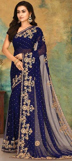 Traditional, Wedding Blue color Saree in Georgette fabric with Classic Stone, Thread work : 1753044