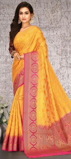 Traditional, Wedding Yellow color Saree in Kanchipuram Silk, Silk fabric with South Stone, Weaving work : 1753047