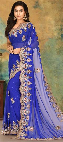 Traditional, Wedding Blue color Saree in Georgette fabric with Classic Cut Dana, Stone, Thread work : 1753048