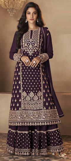 Bollywood Purple and Violet color Salwar Kameez in Georgette fabric with Palazzo Embroidered, Sequence, Thread work : 1753172