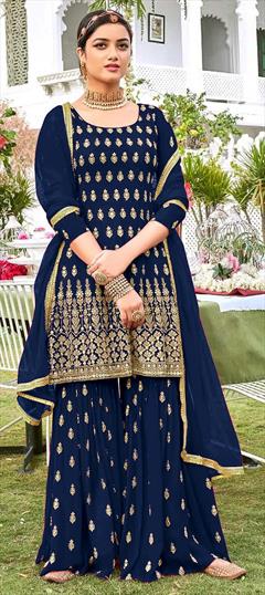 Festive, Party Wear Blue color Salwar Kameez in Georgette fabric with Sharara Embroidered, Lace work : 1753220