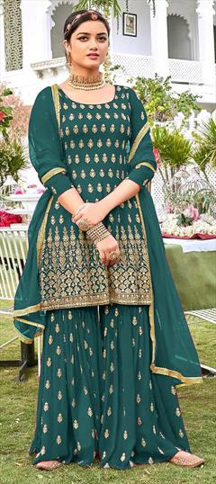 Festive, Party Wear Blue color Salwar Kameez in Georgette fabric with Sharara Embroidered, Lace work : 1753221